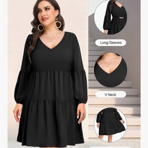 Black V-Neck Baby Doll Dress - Picture 1 of 12
